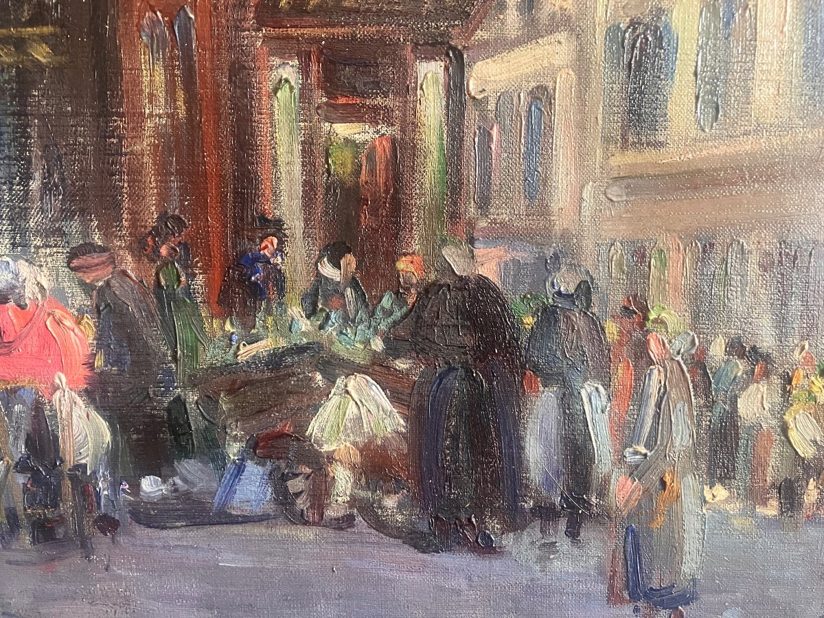 Edouard Febvre 1885-1967 - Scène De Marché à Paris - Huile Sur Toile 61x50 Cm Signé & Daté 1922-photo-3