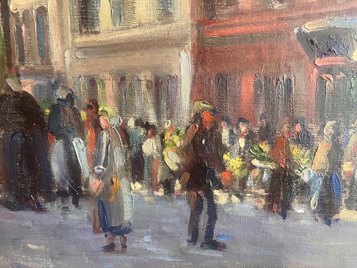 Edouard Febvre 1885-1967 - Scène De Marché à Paris - Huile Sur Toile 61x50 Cm Signé & Daté 1922-photo-4