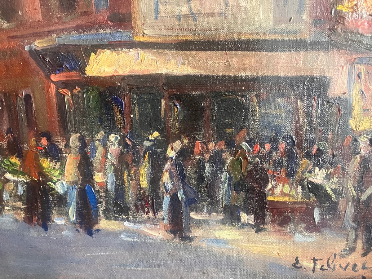 Edouard Febvre 1885-1967 - Market Scene In Paris - Oil On Canvas 61x50 Cm Signed & Dated 1922-photo-1