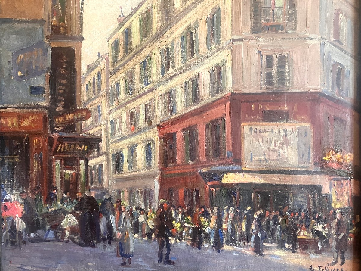 Edouard Febvre 1885-1967 - Market Scene In Paris - Oil On Canvas 61x50 Cm Signed & Dated 1922