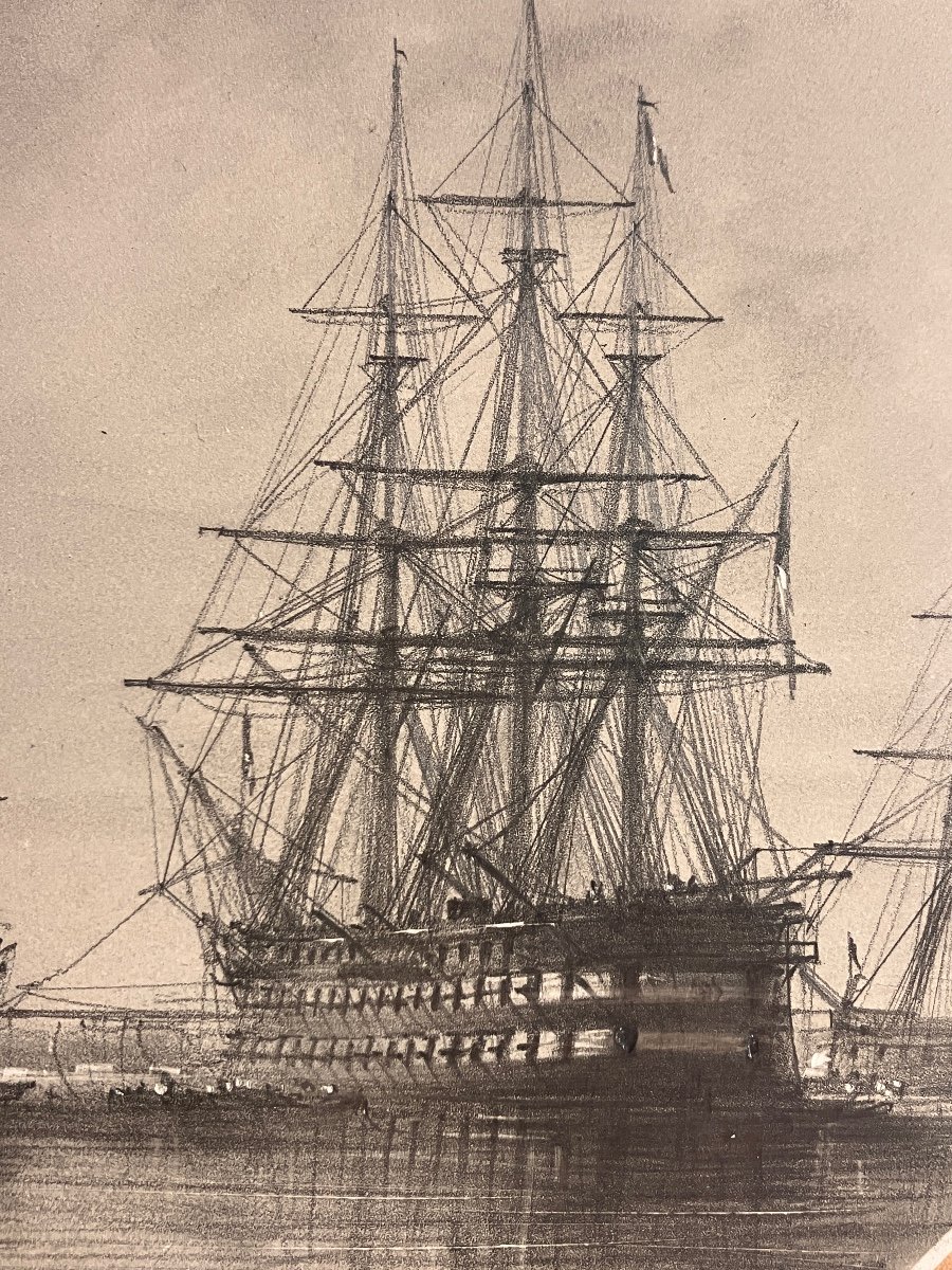 Antoine Frémy 1816-1885 Marine Drawing Napoleon Class Ships Sails And Steam 3 Decks Mast-photo-2