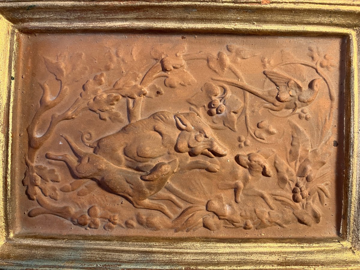 Bas Relief And Frame In Terracotta With Wild Boar Hunting Decor - 19th Century - Hunting-photo-2