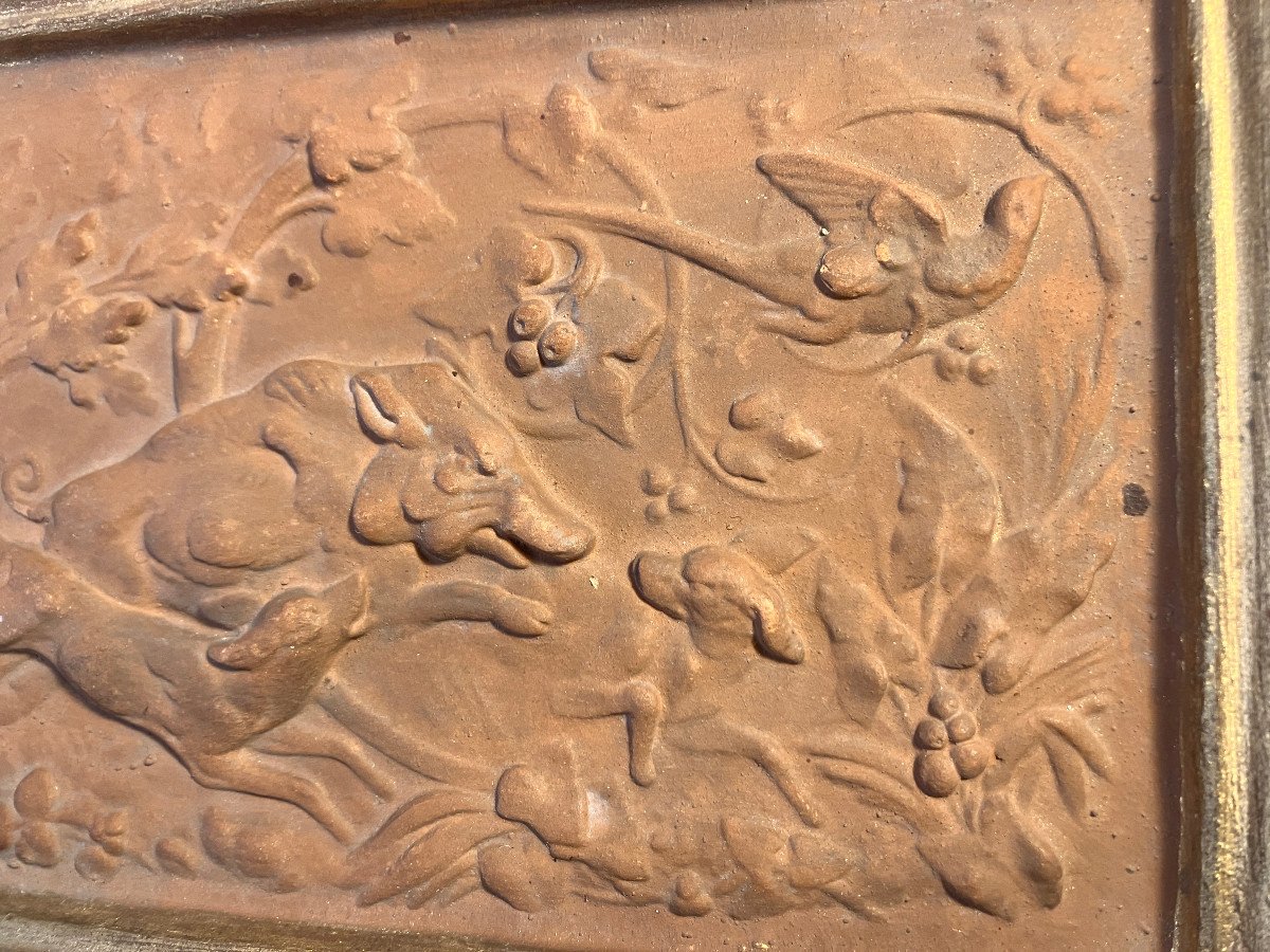 Bas Relief And Frame In Terracotta With Wild Boar Hunting Decor - 19th Century - Hunting-photo-4