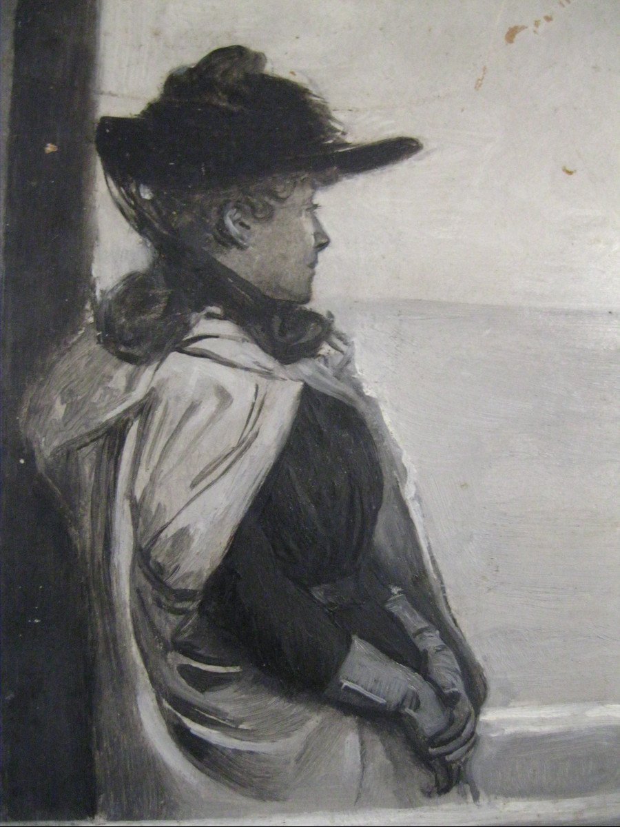 Ernest Ange Duez (1843-1896) - Élégante au bord de mer ( Villerville ?) -  Grisaille  sur Carton-photo-4