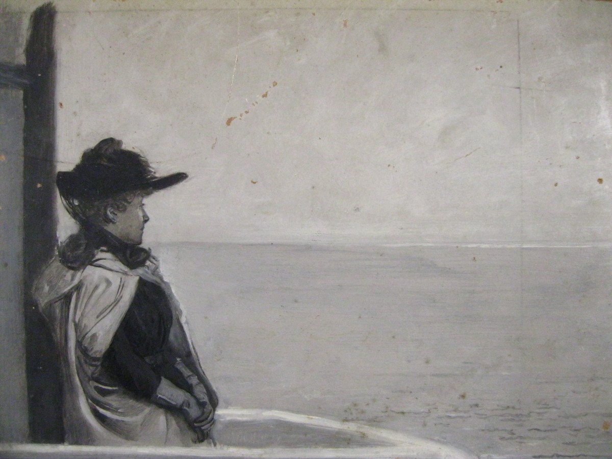 Ernest Ange Duez (1843-1896) - Élégante au bord de mer ( Villerville ?) -  Grisaille  sur Carton-photo-2