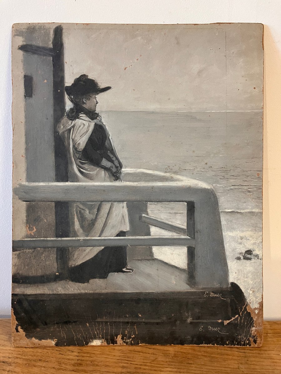 Ernest Ange Duez (1843-1896) - Elegant By The Sea (villerville?) - Grisaille On Cardboard-photo-6