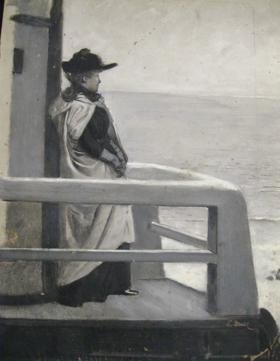 Ernest Ange Duez (1843-1896) - Élégante au bord de mer ( Villerville ?) -  Grisaille  sur Carton
