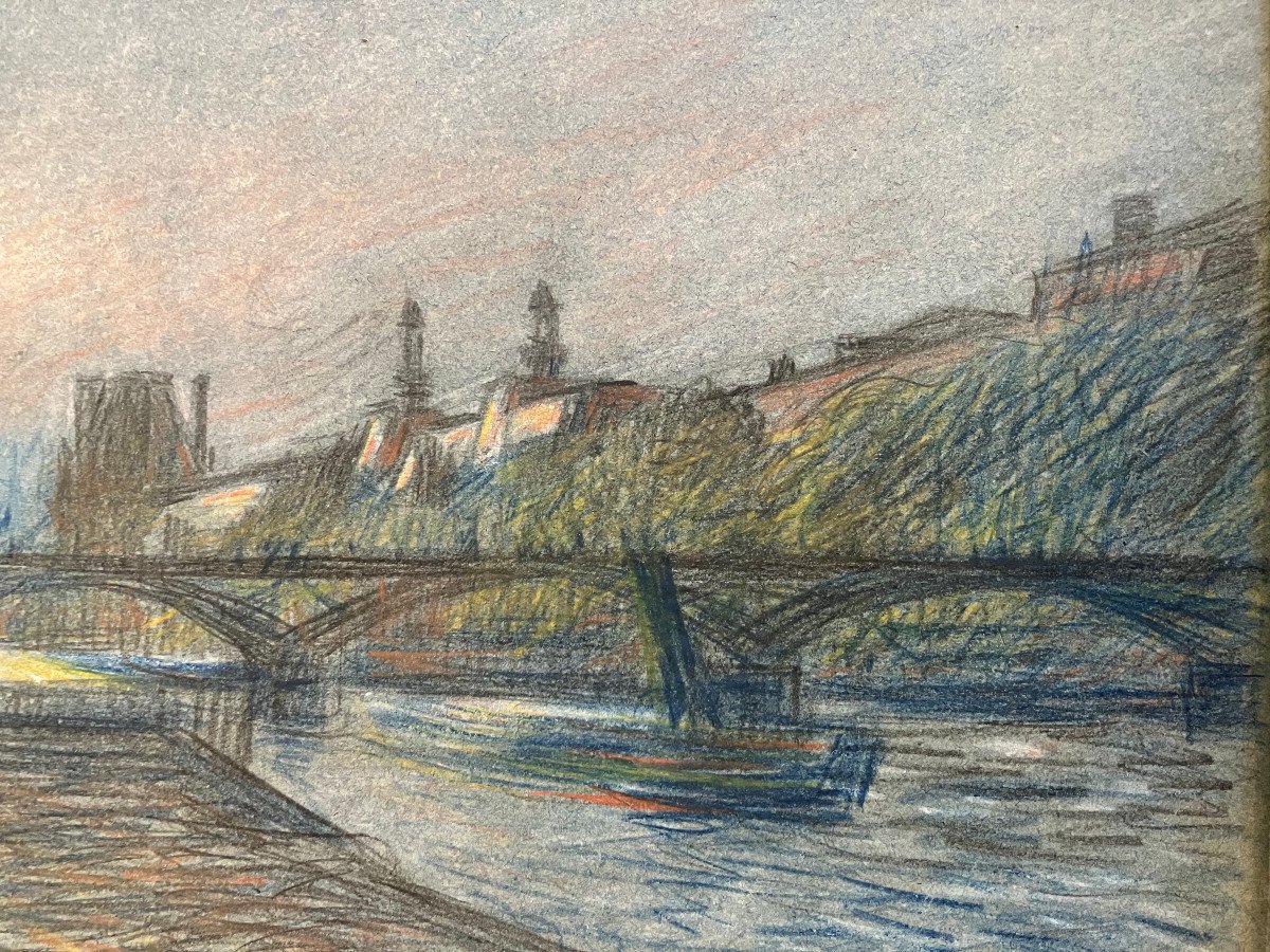 Claude Firmin - Bord De Seine à Paris - 1910 - Pastels & crayons de couleurs.-photo-2