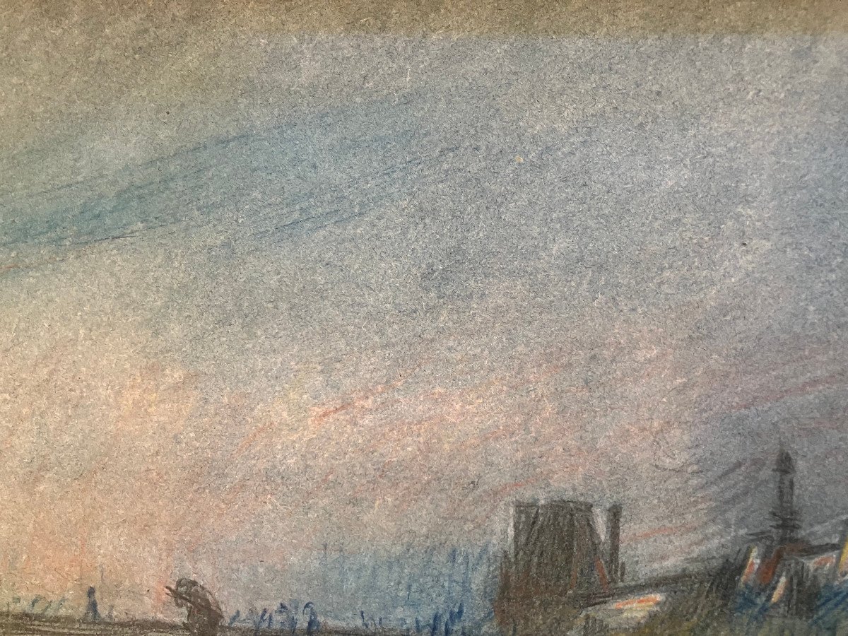 Claude Firmin - Bord De Seine à Paris - 1910 - Pastels & crayons de couleurs.-photo-1