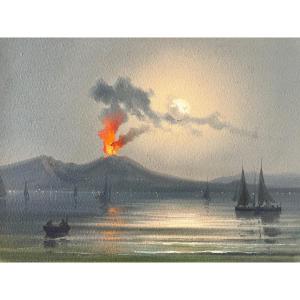 Neapolitan Gouache - View Of Vesuvius Erupting At Night - Late Nineteenth