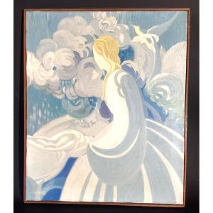 H. Cordier - Huile Sur Toile - Femme Au Paysage Onirique - Art Déco -  46x55 Cm