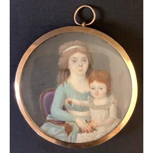 Miniature / Ivory And Gold Mount - Portraits Of A Mother And Child - Late 18th Century - 7.8 Cm Diam