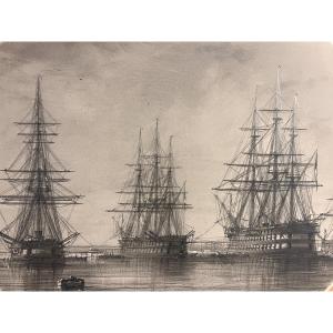 Antoine Frémy 1816-1885 Dessin Marine Vaisseaux De Classe Napoléon Voiles Et Vapeur 3 Ponts Mât