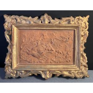 Bas Relief And Frame In Terracotta With Wild Boar Hunting Decor - 19th Century - Hunting