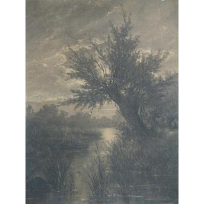 Grand Lavis & 1 Drawing  19th- River Landscape Under The Moon - Signed Barre -barry