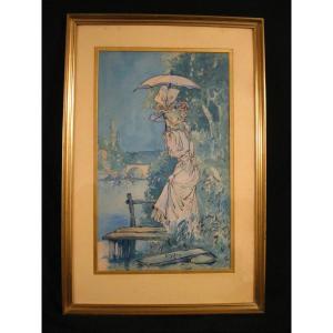 Léon Dax (active Late 19th) - Beautiful Elegant 1900 - Large Watercolor 45 X 68 Cm