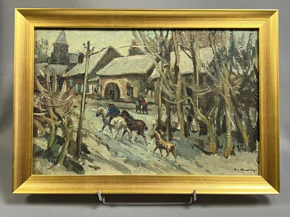 Léon HUSSON Peintre de Lorraine (1898-1983) "L'HIVER AU VILLAGE"-photo-1