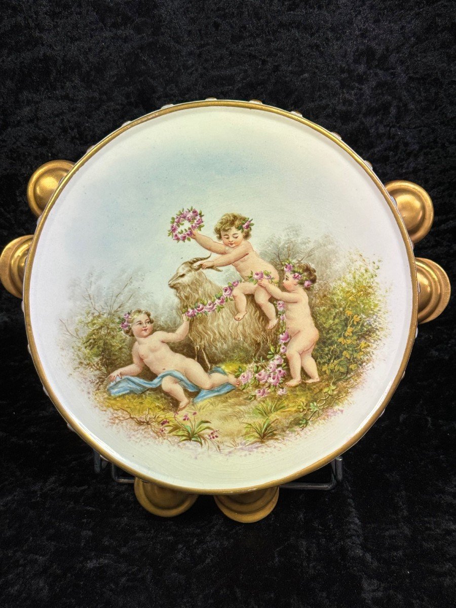 Rovina Unique Piece "earthenware Tambourin With Three Decorated Loves" To Place Or Hang