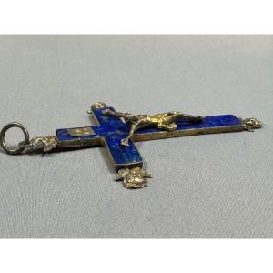 CROIX 19° siècle sur fond de  pierre bleu LAPIS-LAZULI et laiton