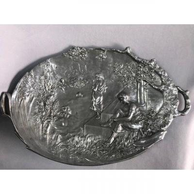 J. Garnier Large Plat In Pewter With Motifs Of Women Bathing