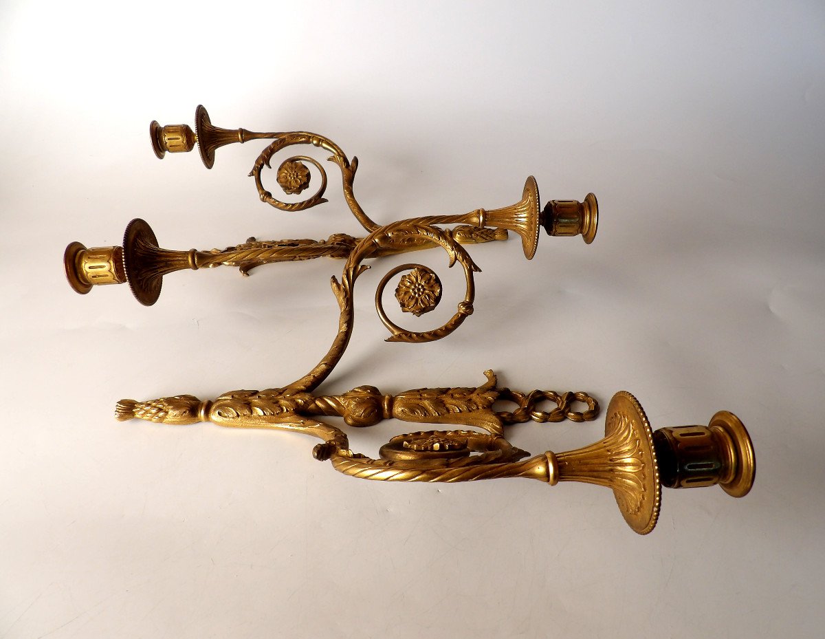 Pair Of Louis XVI Style Double Fire Wall Sconces-photo-2