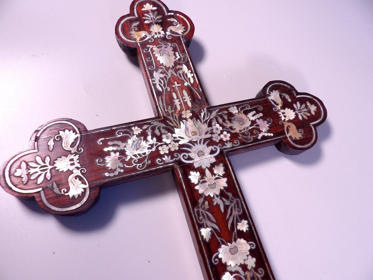 Antique Wooden Crucifix Inlaid With Mother-of-pearl-photo-2