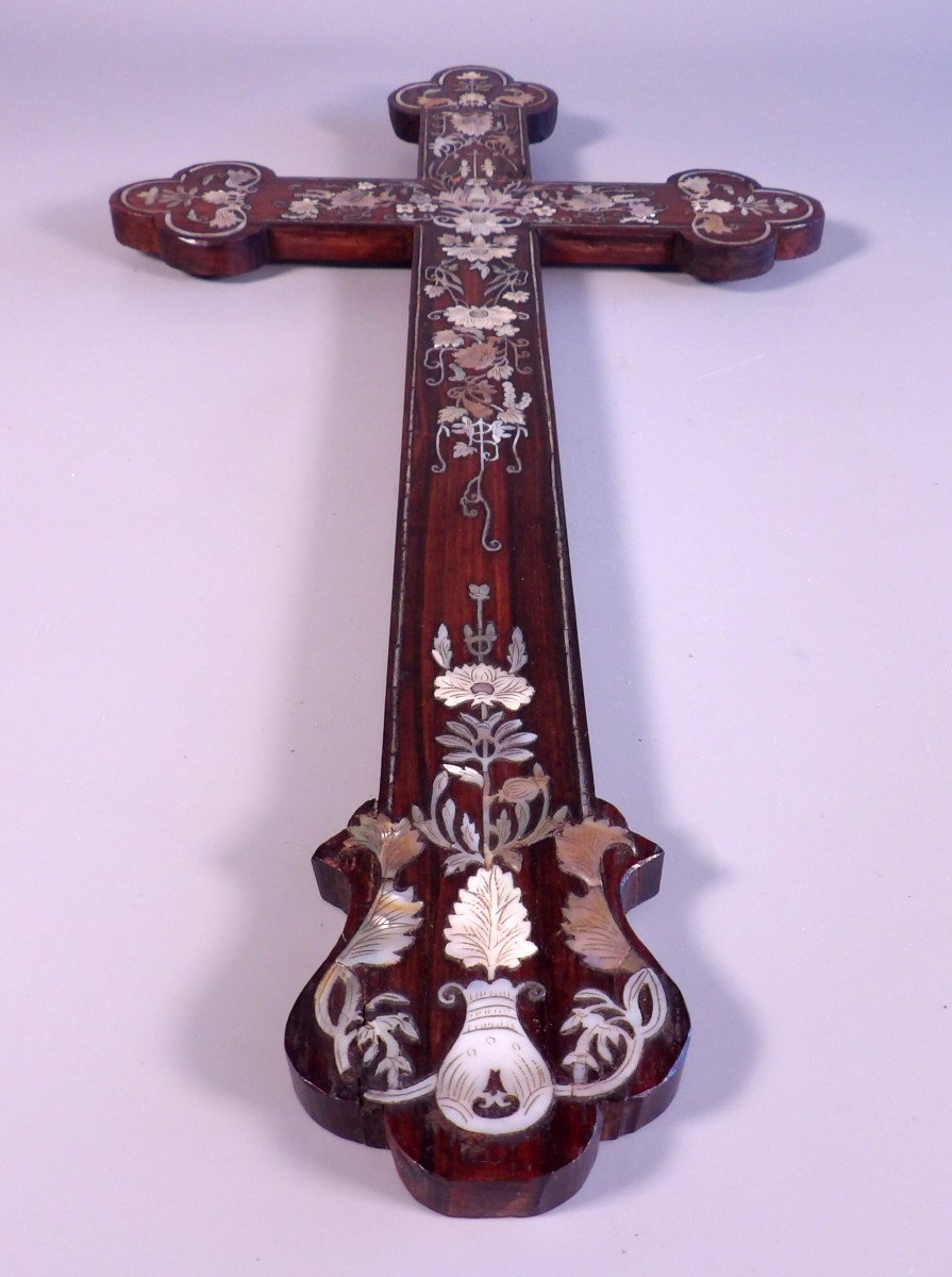 Antique Wooden Crucifix Inlaid With Mother-of-pearl-photo-3