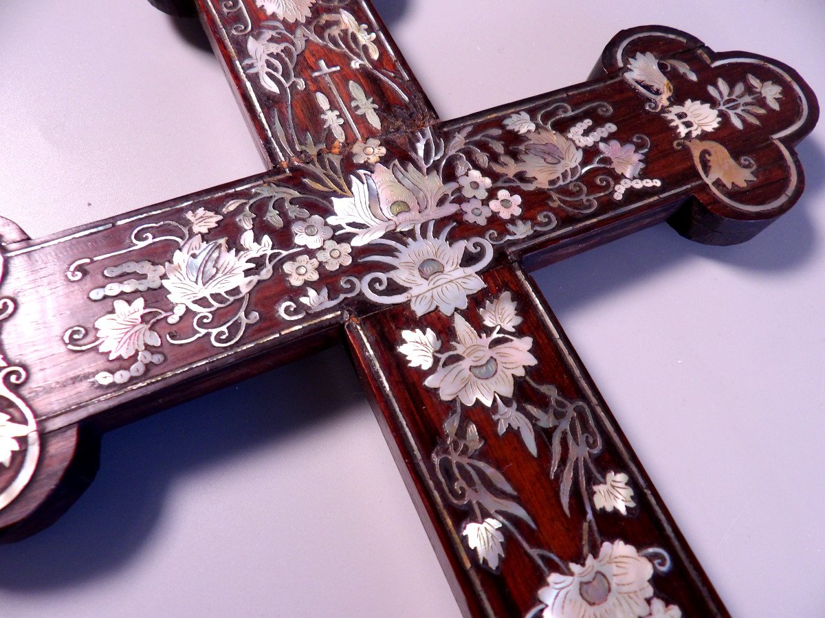 Antique Wooden Crucifix Inlaid With Mother-of-pearl-photo-2