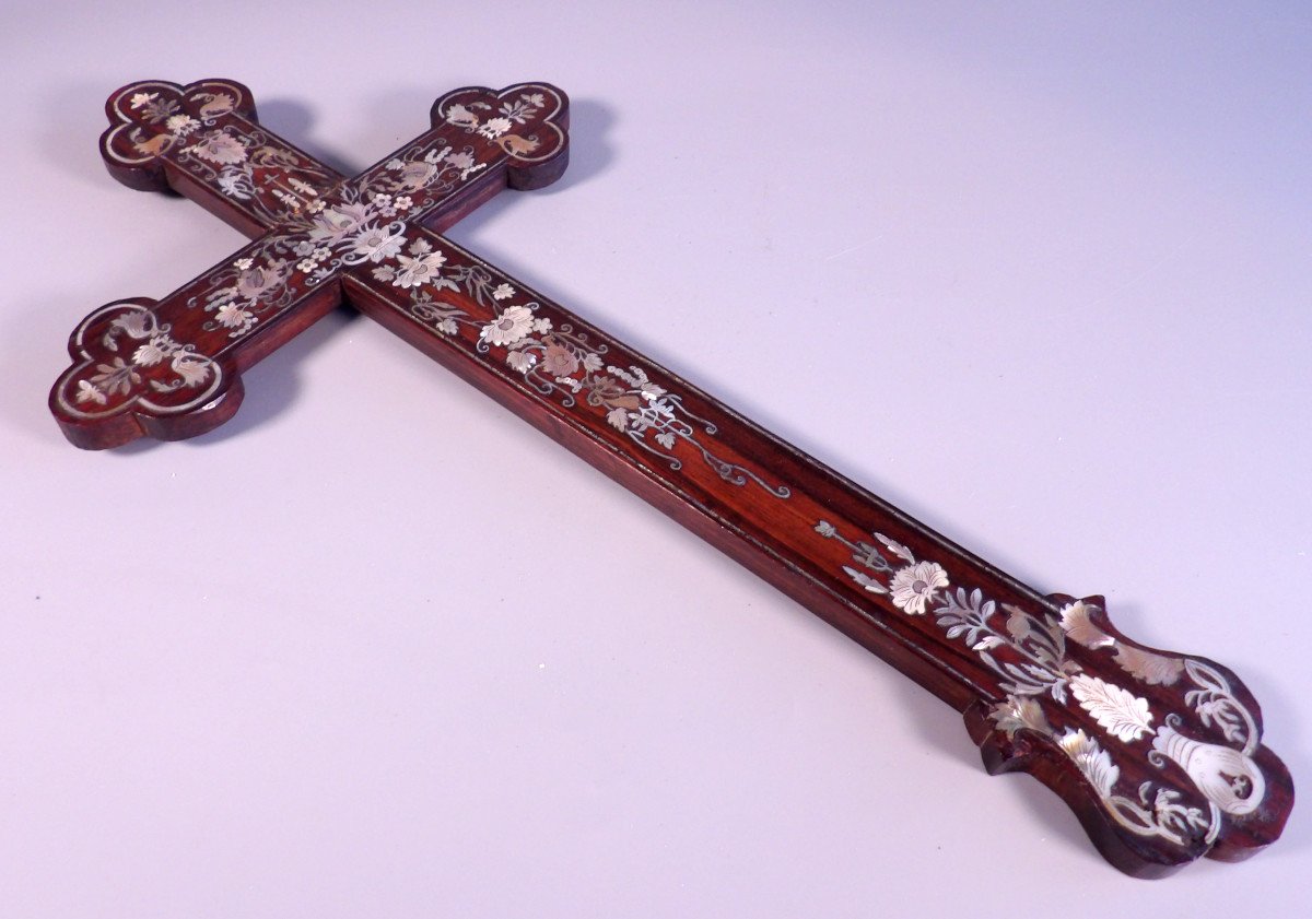 Antique Wooden Crucifix Inlaid With Mother-of-pearl