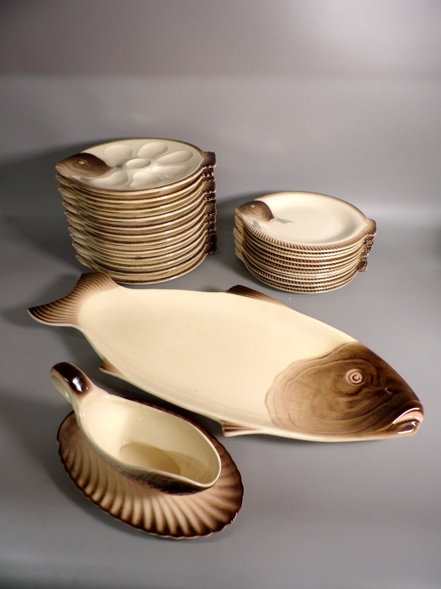 26-piece Fish And Shellfish Service In Crackle Earthenware By Longwy, Copenhagen Model