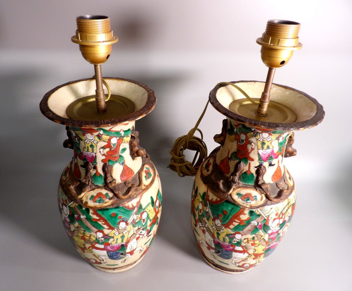 Pair Of Signed Nankin Vases Mounted As Lamps-photo-2