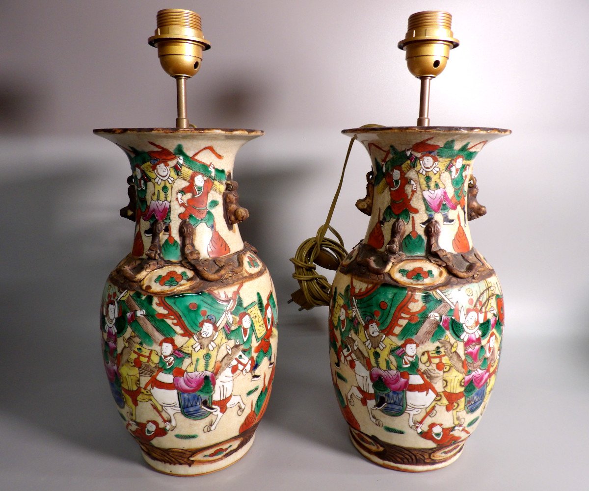 Pair Of Signed Nankin Vases Mounted As Lamps