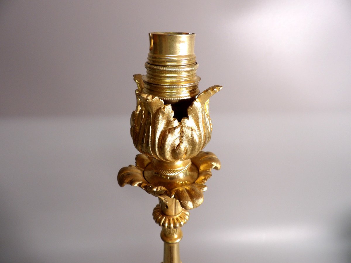 Napoleon III Period Candlestick In Gilded Bronze And Marble Mounted As A Lamp-photo-3