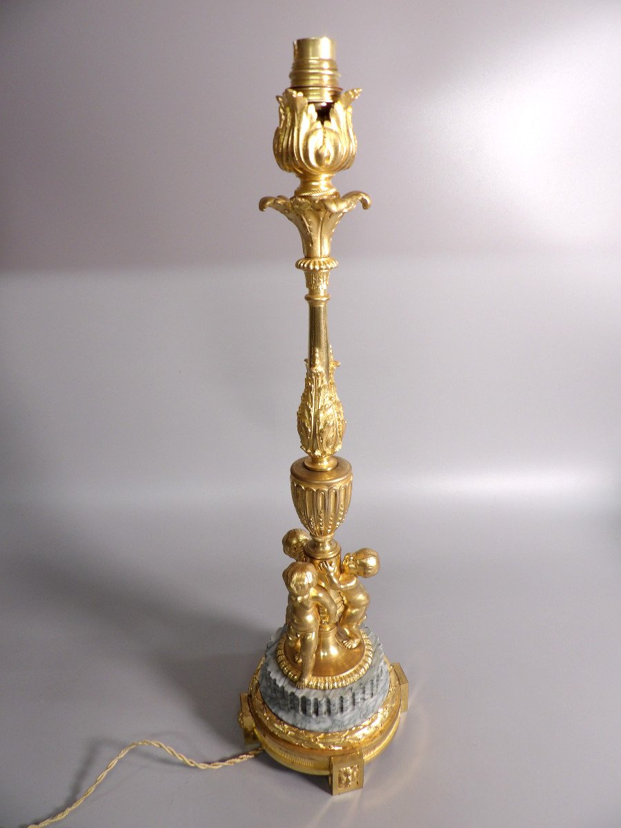 Napoleon III Period Candlestick In Gilded Bronze And Marble Mounted As A Lamp