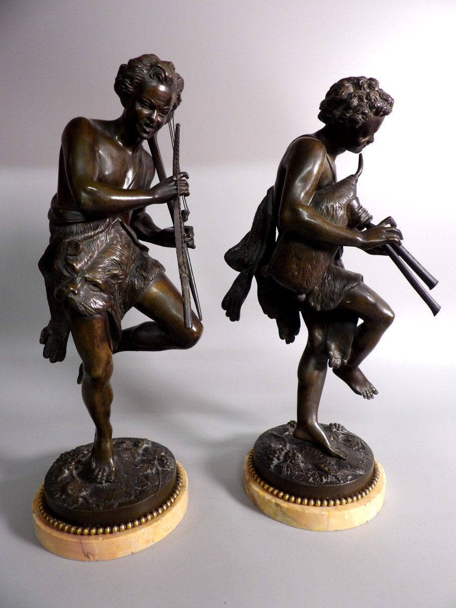 Pair Of Bronzes On Marble Base "the Musician And The Archer" By Jean-louis Gregoire (1840-1890)-photo-2