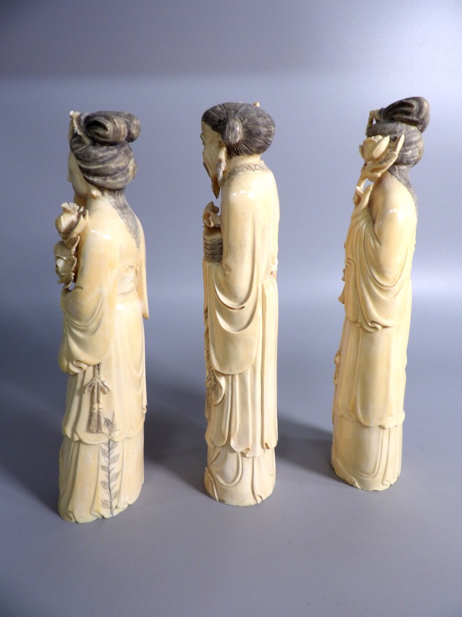 Set Of 3 Asian Bone Sculptures - One Man And Two Women In Traditional Dress-photo-4