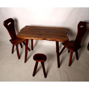 Table Set, Two Chairs And A Stool In Olive Wood