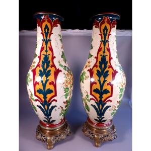 Paire De Grands Vases Asiatiques En Céramique émaillée