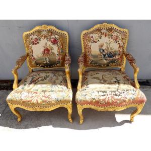 Pair Of Louis XV Armchairs With Queen Backrest By Tilliard