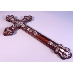 Antique Wooden Crucifix Inlaid With Mother-of-pearl