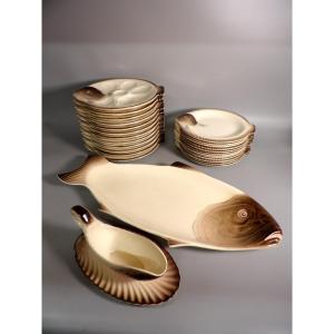 26-piece Fish And Shellfish Service In Crackle Earthenware By Longwy, Copenhagen Model