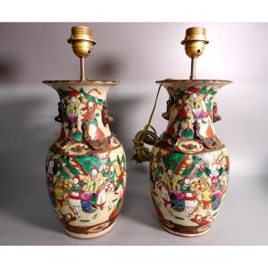 Paire de Vases Nankin Signés montés en Lampes