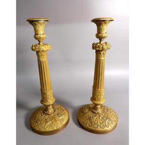 Pair Of 19th Century Gilded Bronze And Brass Candlesticks