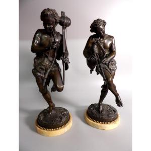 Pair Of Bronzes On Marble Base "the Musician And The Archer" By Jean-louis Gregoire (1840-1890)