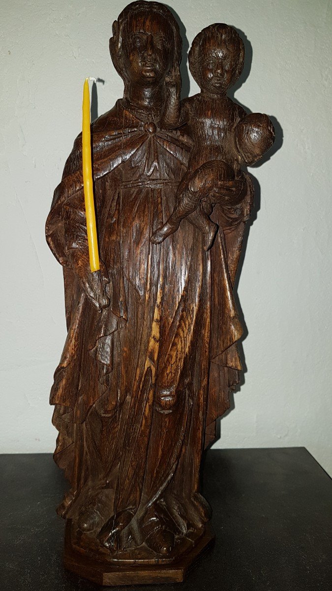 Sculpture statue Vierge à l'Enfant En Chêne, époque XVIIe