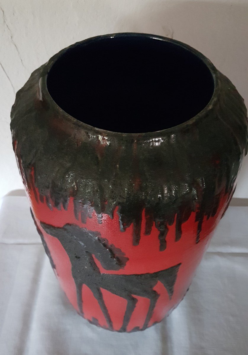 Large Ceramic Pottery Vase From Scheurich Germany, Horse Decor.-photo-3