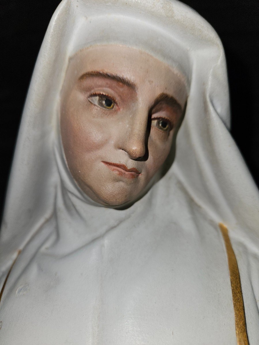 Polychrome Terracotta Statue Of Saint Colette Of Corbie - 19th Century.-photo-2