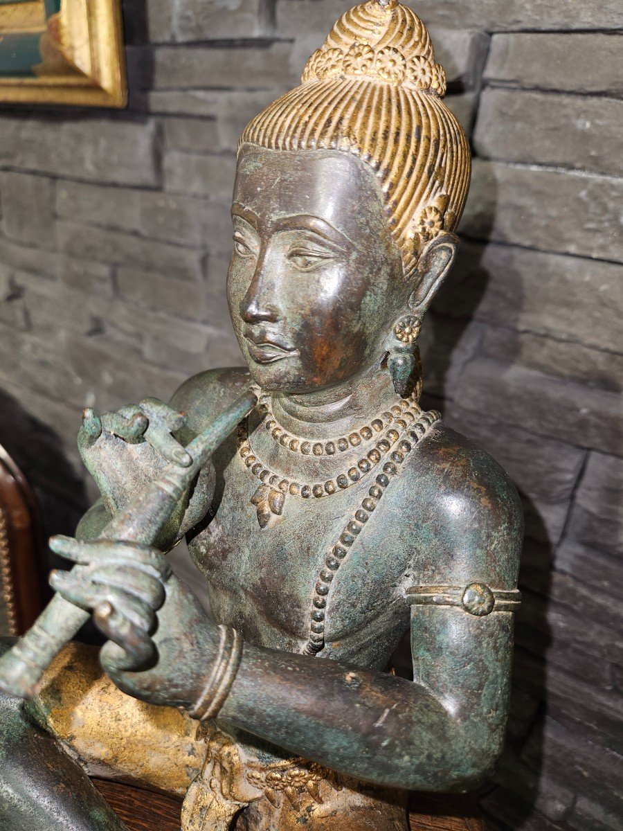 Statuette De Bouddha Jouant De La Flûte - En Bronze  -  Début 20ème - -photo-4