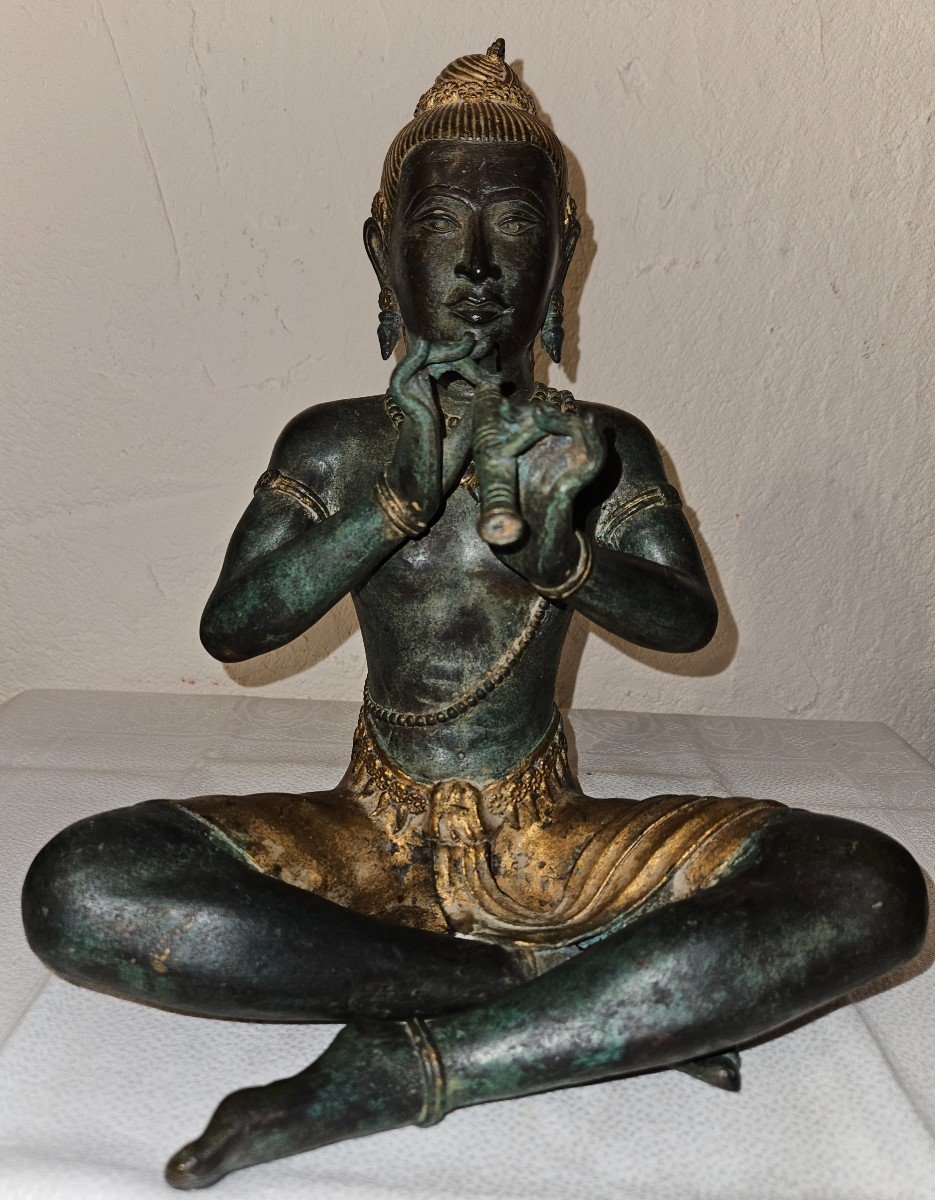 Statuette De Bouddha Jouant De La Flûte - En Bronze  -  Début 20ème - -photo-7