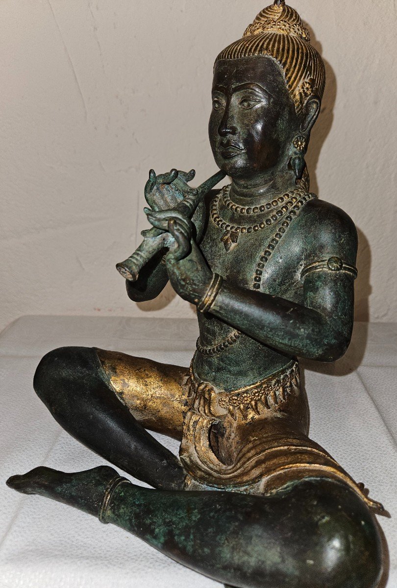 Statuette De Bouddha Jouant De La Flûte - En Bronze  -  Début 20ème - -photo-8